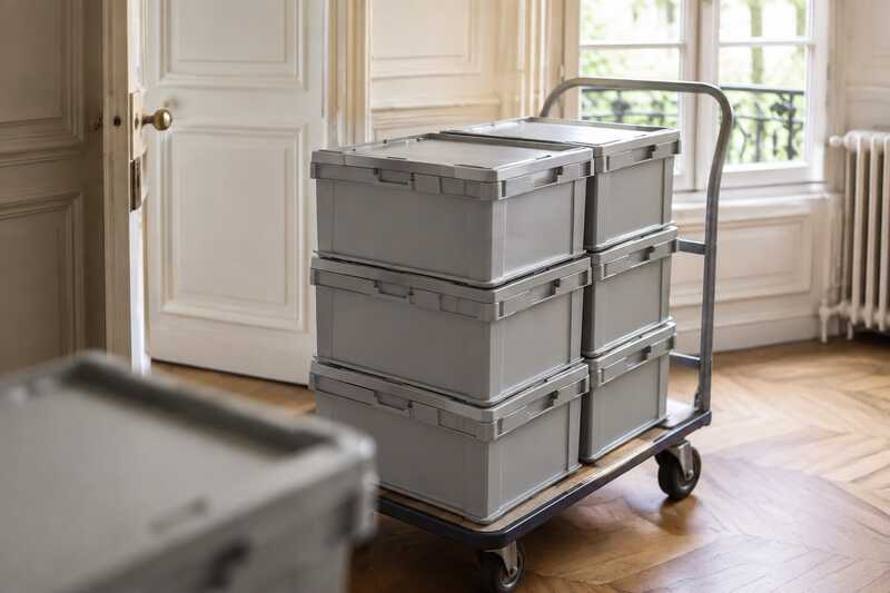 Bacs de transfert d’archives empilés sur un chariot
