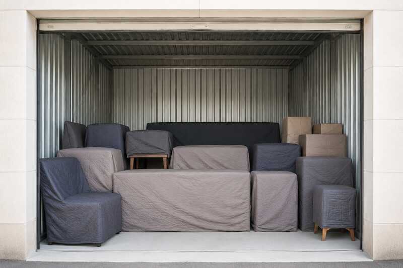 Box de garde-meuble ouvert sur du mobilier housse empilé