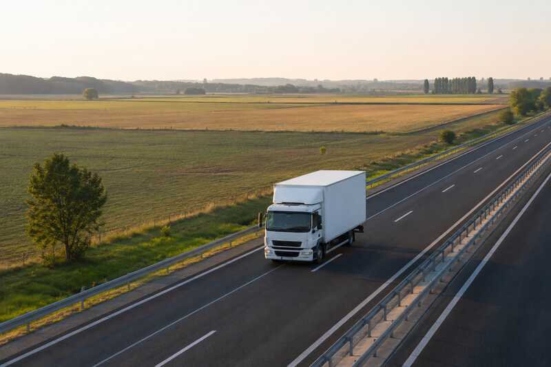 Camion de déménagement sur une autoroute traversant une plaine