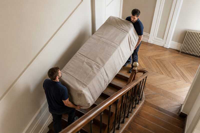 Portage d’un canapé sous housse dans une cage d’escalier