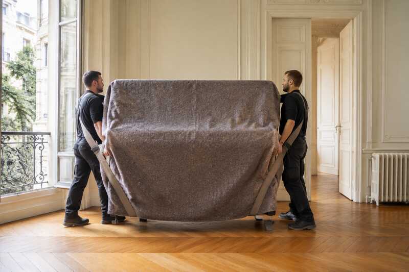 Piano droit sous couverture déplacé avec des sangles de portage