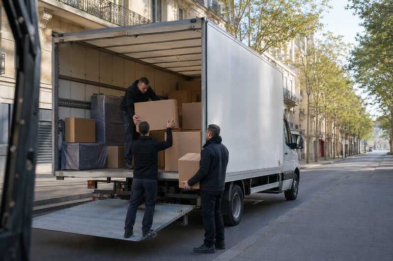 Chargement matinal de cartons dans la caisse d’un camion
