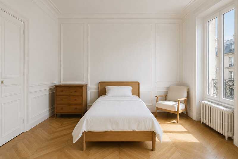 Chambre individuelle claire meublée d’un lit, d’une commode et d’un fauteuil